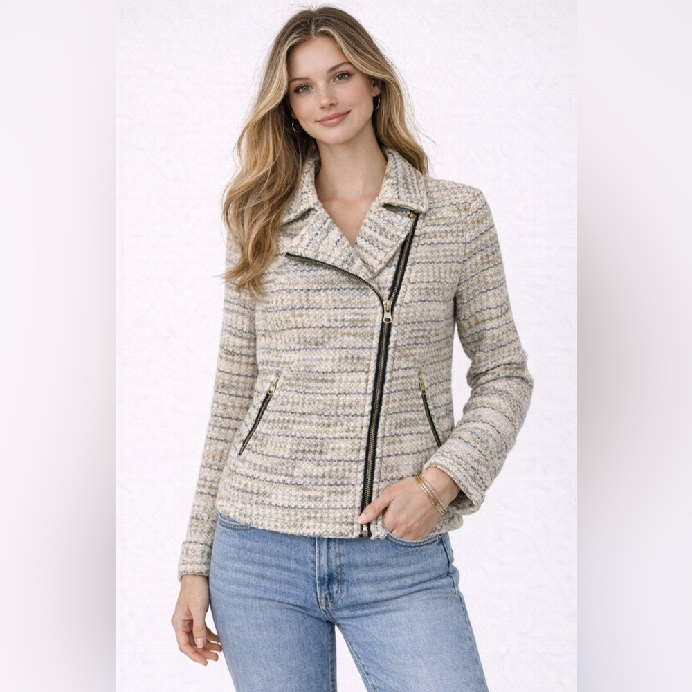Lucky Brand Marled Moto‎ Zip Sweater Jacket Size S Cream Tan Neutral Knit